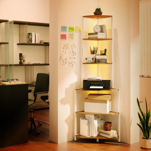 65 Inch 6-Tier Corner Shelf with Charging Station and Ambience Light-Natural W2B