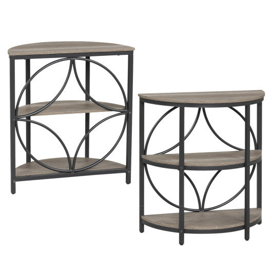Narrow Side Table with Study Metal Frame and Storage Shelves-Rustic Brown W2B