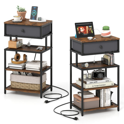 Set of 2 Nightstand with Charging Station 28 Inch Tall Bedside Table with Fabric Drawer-Rustic Brown W2B