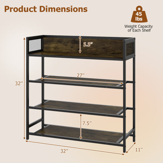 4-Tier Shoe Rack Industrial Shoe Organizer with Heavy Duty Metal Frame-Rustic Brown W2B