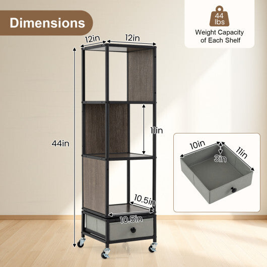 4-Tier Rotating Bookshelf on Wheels with Removable Drawer-White W2B