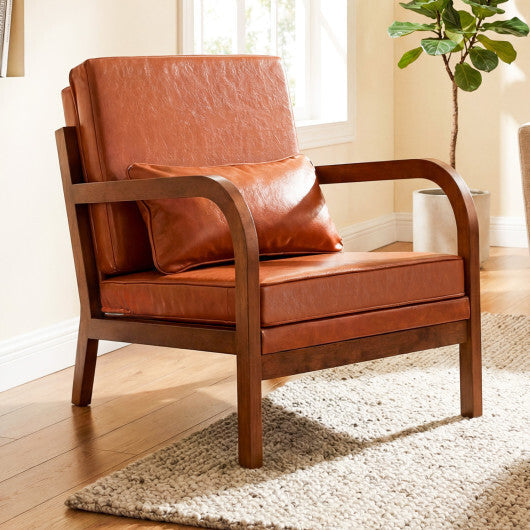 Modern Accent Chair Faux Leather Linen Fabric Upholstered Armchair-Brown W2B