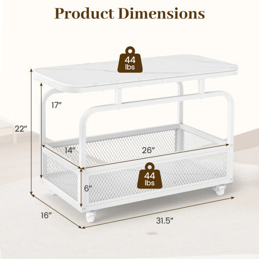 Rolling Side Table 2-Tier Narrow End Table with Mesh Storage Basket-White W2B