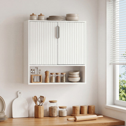Bathroom Wall Cabinet with 2 Fluted Doors and Open Cube and Adjustable Shelf-White W2B