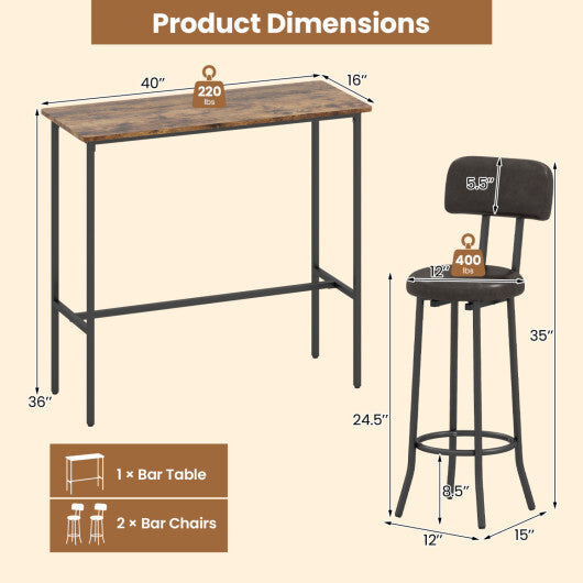 3-Piece Industrial Bar Table Set with 2 Upholstered Stools and Footrests for Dining Room-Rustic Brown W2B