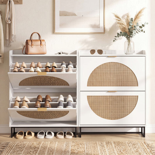 Narrow Shoe Storage Cabinet with 2 Flip Drawers and Adjustable Shelves-Natural W2B