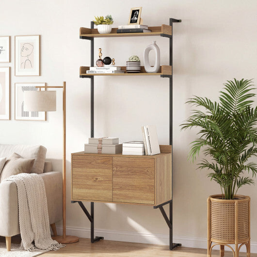 Tall Ladder Shelf with Storage Cabinet Narrow Wall Mounted Ladder Bookcase-Natural W2B