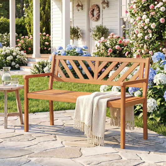 2-Person Patio Acacia Wood Garden Chair with Armrests and Backrest for Porch W2B