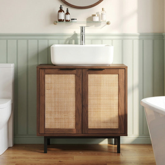 Bathroom Vanity Cabinet with U-Shaped Cut-Out 2 Rattan Doors and Shelf-Brown W2B