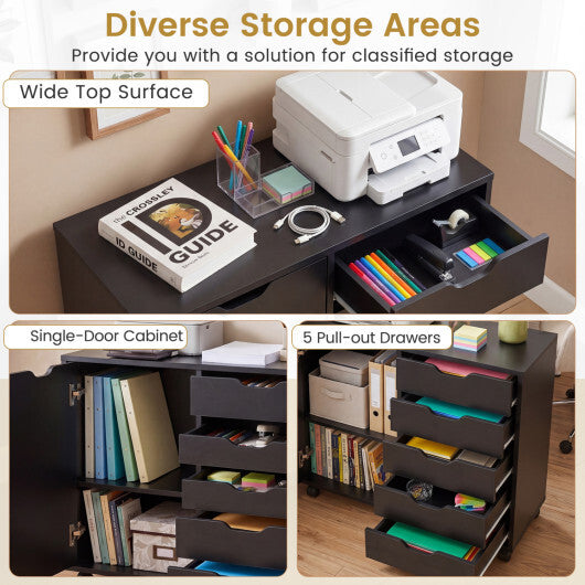 5 Drawer Storage Cabinet on Wheels with Adjustable Shelf-White W2B