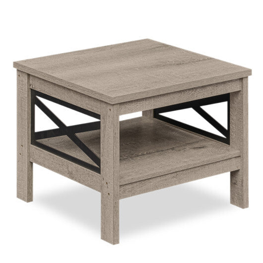 2-Tier Square Side Table with Storage Shelf and X-Frame for Bedroom Living Room-Brown W2B