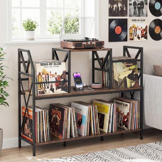 Record Player Stand with Power Outlets and Vinyl Storage and Dividers for Albums-Rustic Brown W2B