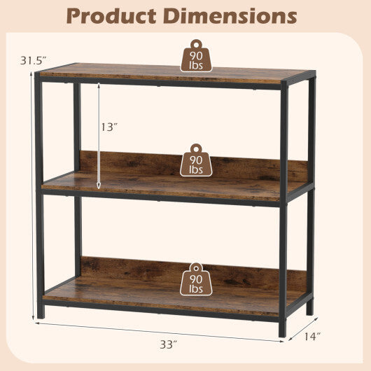 3-Tier Industrial Bookshelf with Wooden Shelves and Metal Frame-Rustic Brown W2B