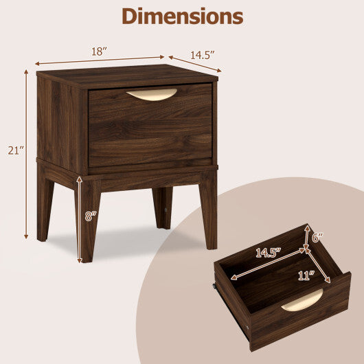 Mid Century Modern Bedside Table with Drawer and Tapered Support Feet for Bedroom-Walnut W2B