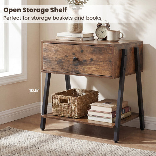 Set of 2 Industrial Nightstand with Adjustable Foot Pads for Bedroom-Rustic Brown W2B