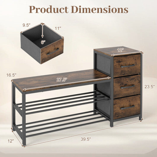 3-Tier Industrial Shoe Bench with 3 Removable Fabric Drawers and Anti-toppling Kits-Rustic Brown W2B