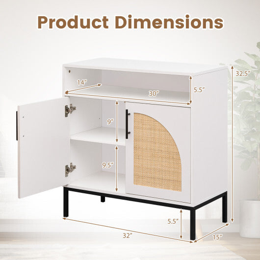 32" Sideboard Buffet Cabinet with 2 Natural Rattan Decorated Doors and Adjustable Shelf-Natural W2B