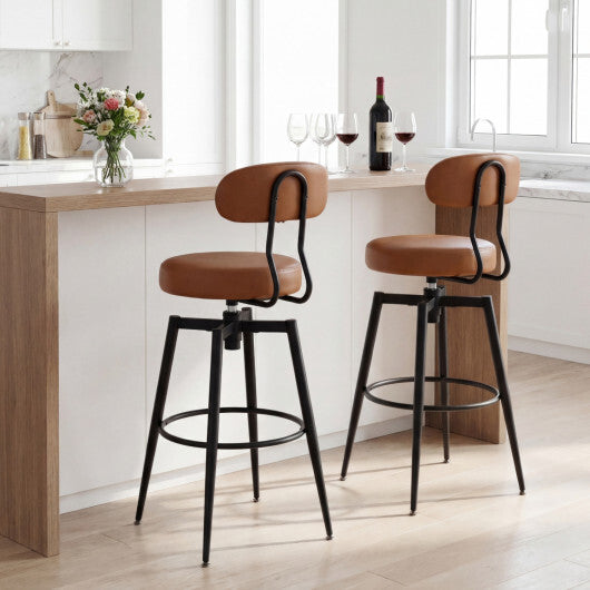 Set of 2 Swivel Barstools Faux Leather with Upholstered Seat and Back-Brown W2B