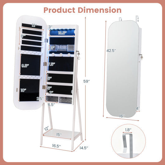 Jewelry Cabinet with Full-Length Mirror Large Storage Capacity-White W2B