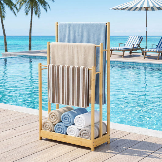 3 Tier Free Standing Bamboo Towel Rack with Storage Shelf-Natural W2B