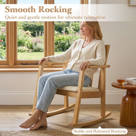 Wooden Rocking Chair with Upholstered Seat and Ladder Back for Living Room-Brown W2B