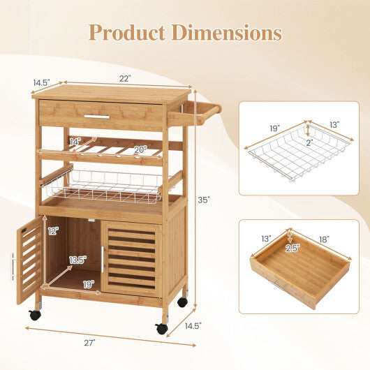Bamboo Rolling Kitchen Island Trolley with Storage Cabinet and Wine Rack-Natural W2B