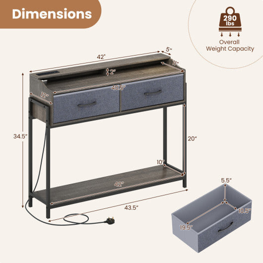 Console Table with Charging Station 110 cm Narrow Entryway Table with 2 Drawers and Shelves-Rustic Brown W2B