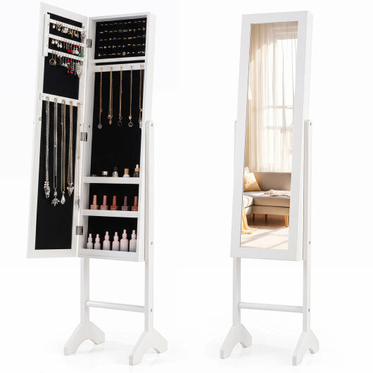 Freestanding Jewelry Armoire with Velvet Lining and Full Length Mirror-Black W2B