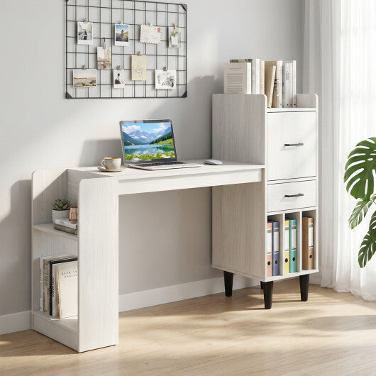 59" Home Office Desk with Side Storage Shelves and Drawer Cabinets for Bedroom-White W2B