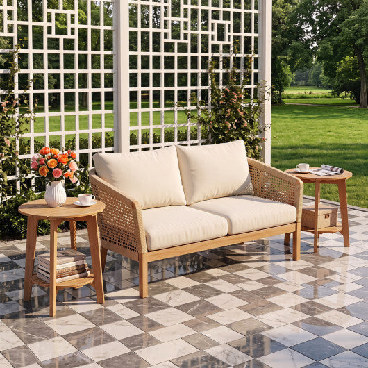 Set of 2 Eucalyptus Wood Side Table 2-Tier with Slatted Tabletop and Storage Shelf for Outdoor-Natural W2B