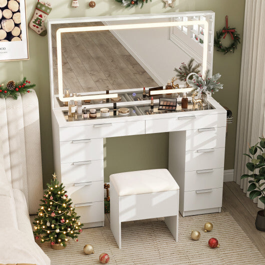Vanity Desk with Mirror & Lights and Stool with Charging Station for Makeup-White W2B