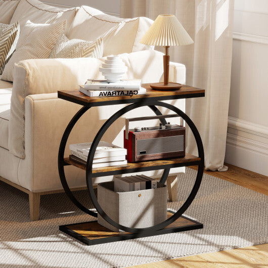 Industrial Faux Marble Side Table with Metal Frame for Living Room Bedroom-Rustic Brown W2B