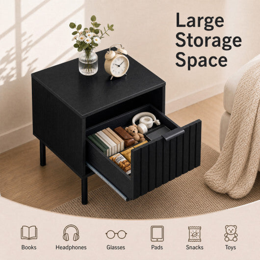 Black Modern Nightstand with Vertical-Striped Storage Drawer-Black W2B