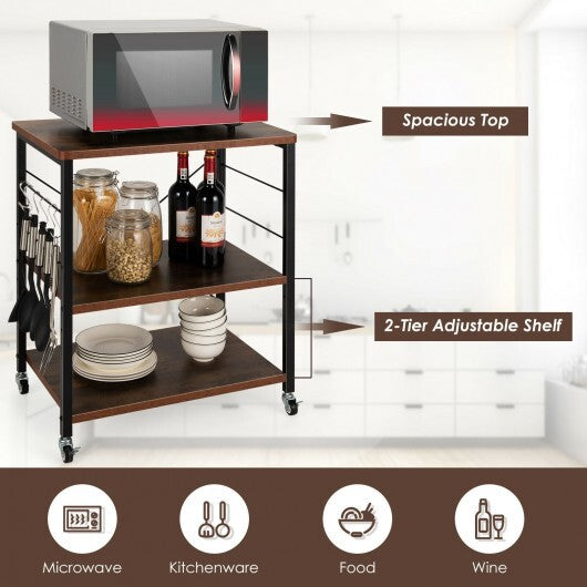 3-Tier Kitchen Baker's Rack Microwave Oven Storage Cart with Hooks-Rustic Brown - Color: Rustic Brown W2B