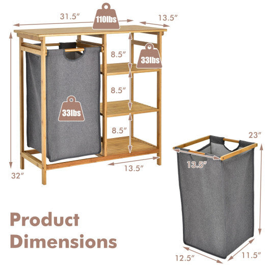 Bamboo Laundry Hamper Stand with Removable Sliding Bag and 3-Tier Open Shelves W2B