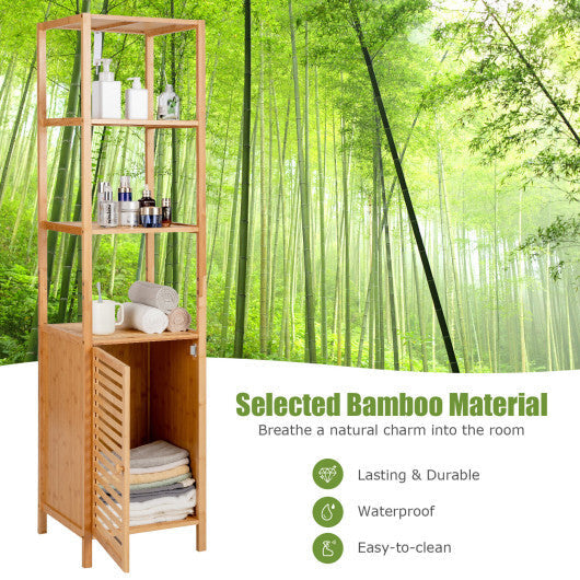 4 Tiers Slim Bamboo Floor Storage Cabinet with Shutter Door and Anti-Toppling Device-Natural W2B