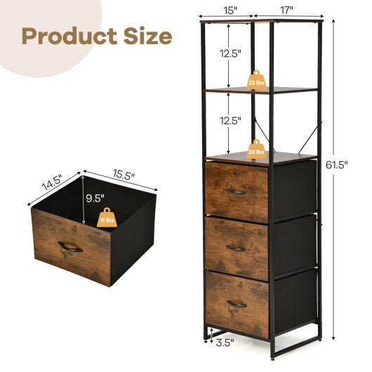 Freestanding Vertical 3 Drawer Dresser with 3 Shelves-Rustic Brown W2B