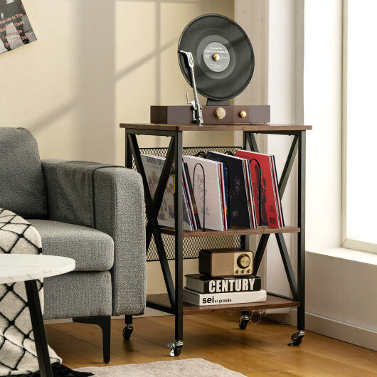 3 Tiers Vintage Style Rolling End Table with 3 Dividers for Albums-Brown W2B