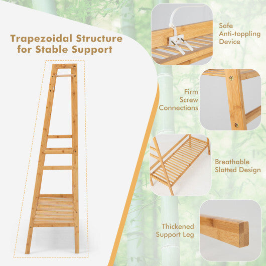 Bamboo Clothing Rack with Storage Shelves-Natural W2B