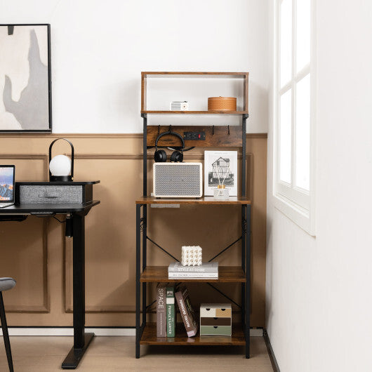 60 Inch Tall Microwave Stand with Open Shelves and 10 Hanging Hooks-Rustic Brown