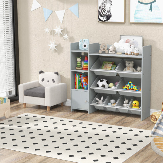 4-Tier Kids Bookshelf and Toy Storage Rack with 8 Toy Organizer Bins-Grey - Color: Gray W2B