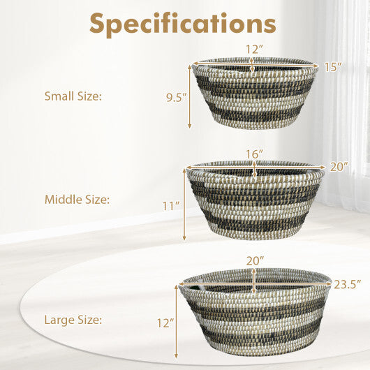 Natural Canes Grass Baskets Stackable Storage Bins Set of 3 with Hollowed Handles W2B