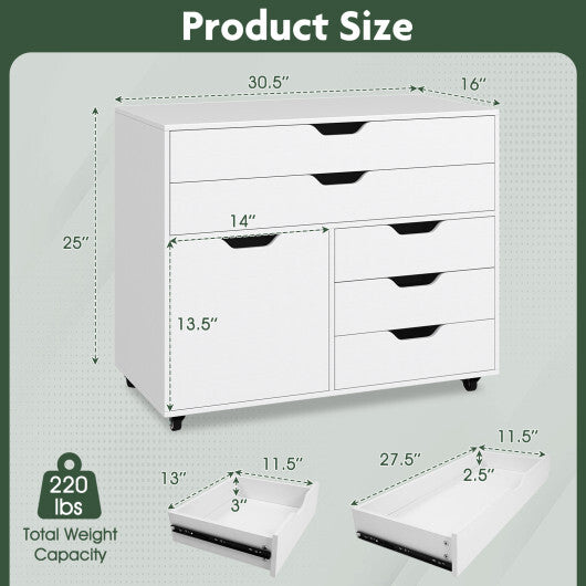 Modern Vertical 5-Drawer Mobile Chest with Door 5 Casters-White