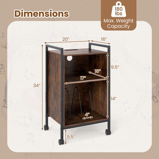 Mobile Record Player Stand with Power Outlet-Rustic Brown W2B