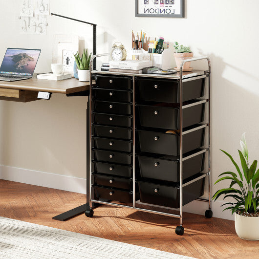 Rolling Storage Cart 15-Drawer Trolley with Chrome Plated Metal Frame-Black W2B
