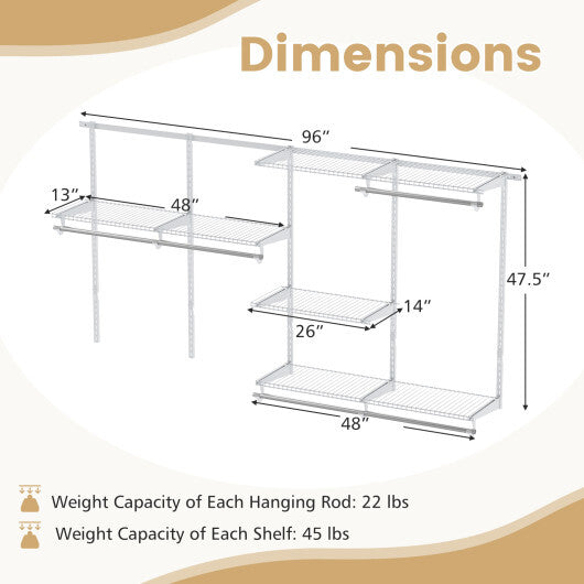 Closet System 4-8 FT Wall-Mounted Closet Shelves and Rod-Gray W2B