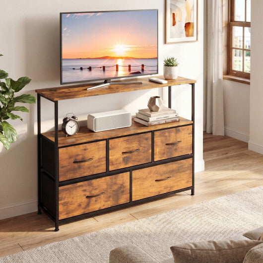 TV Stand Dresser for 45 Inch TV 5 Fabric Drawer Entertainment Center-Brown W2B