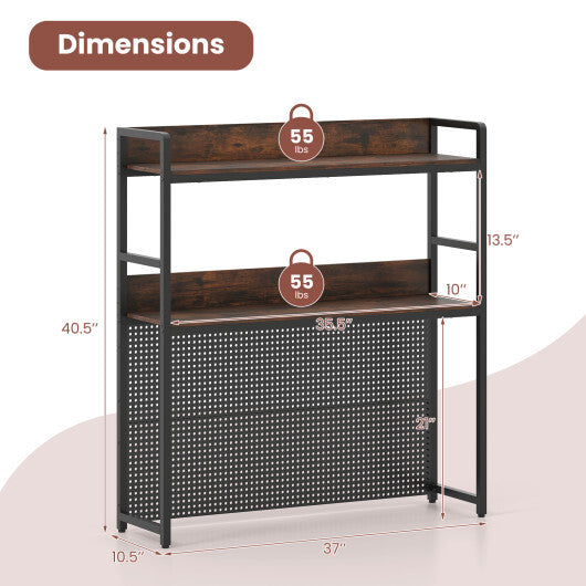 Multipurpose 2-Tier Desktop Bookshelf with Pegboard for up to 32 Inch Computer Monitor-Rustic Brown W2B