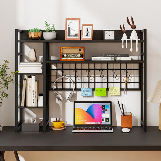 4-Tier Desk Shelf Desktop Display Rack with Metal Grid Panel and 6 Hooks-Black W2B