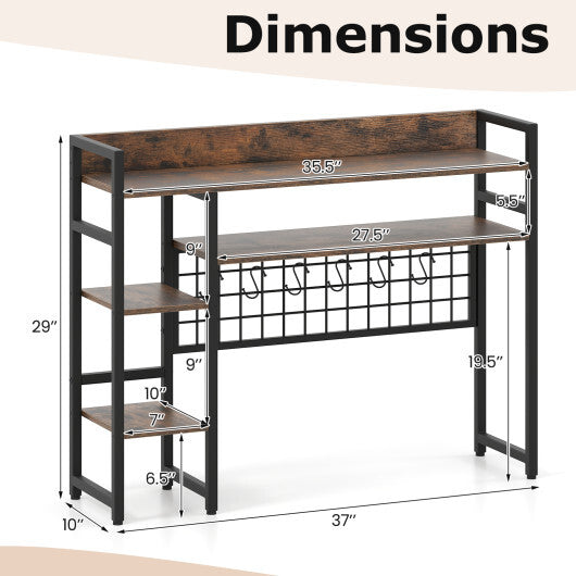 4-Tier Desk Shelf Desktop Display Rack with Metal Grid Panel and 6 Hooks-Black W2B